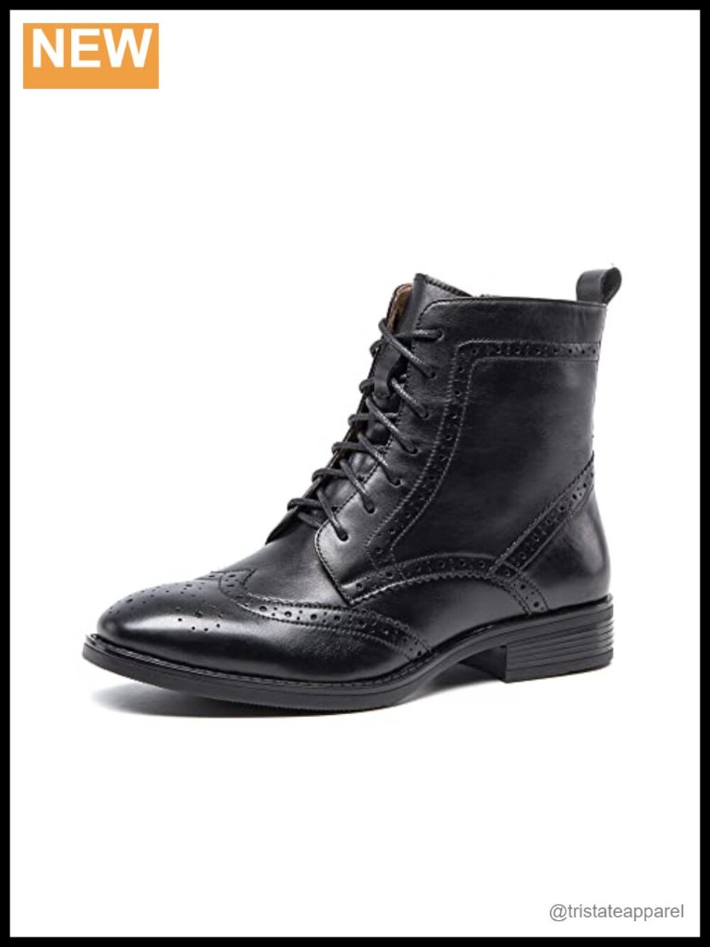 Women's Leather Lace-Up Combat Boots Side Zipper Ankle Bootie Low Heel Brogue